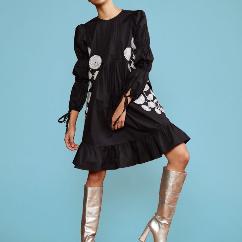 CYNTHIA ROWLEY - Kyoto Embroidered Dress Black/White Floral Long Sleeve SIZE M - Picture 4 of 5